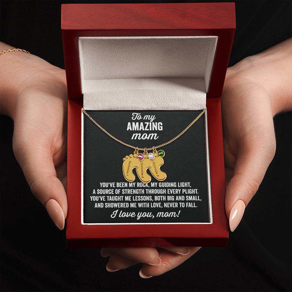 A gift to my amazing mom | Custom Baby Feet Necklace with Birthstone
